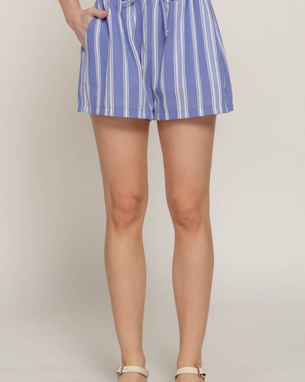 Elastic Waist Band Detail Stripe Printed Linen Effect Shorts
