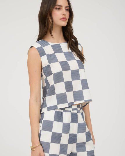 CHECKERED SLEEVELESS LINEN CROP TOP
