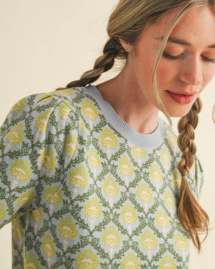FLORAL PATTERN SHORT SLEEVE SWEATER MSW10860