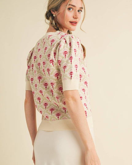 FLORAL PATTERN SHORT SLEEVE SWEATER MSW10860