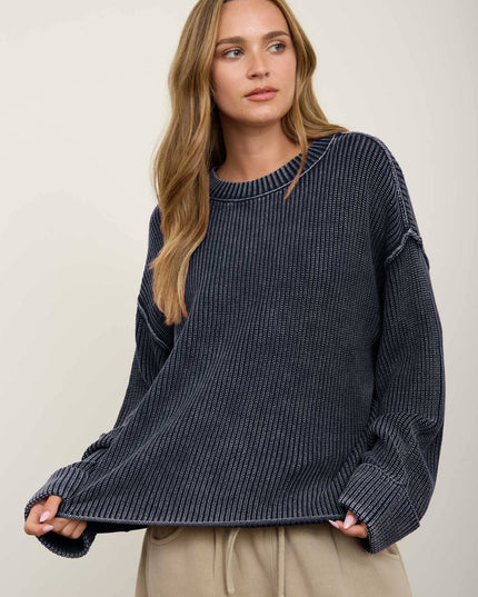 WASHED RIBBED LONG SLEEVE FOLDED CUFF KNIT SWEATER