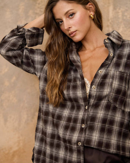 PLAID COLLARED LONG SLEEVE BUTTON DOWN TOP