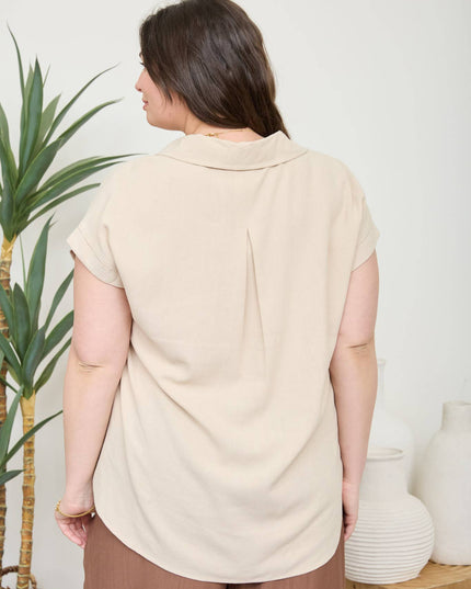 PLUS COLLARED SPLIT NECK CUFF SLEEVE LINEN TOP