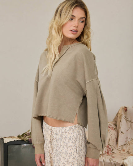 NOTCH NECK BOXY LONG SLEEVE KNIT CROP TOP