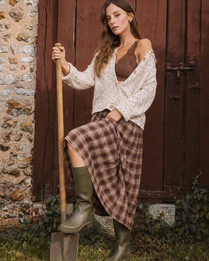 PLAID PLEATED SIDE SLIT MIDI SKIRT