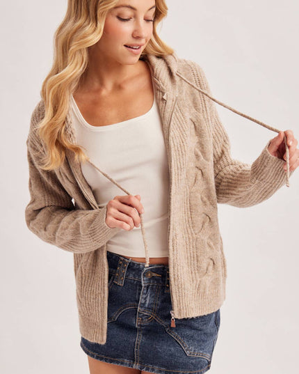 ZIP-UP CABLE KNIT SWEATER CARDIGAN WITH HOOD