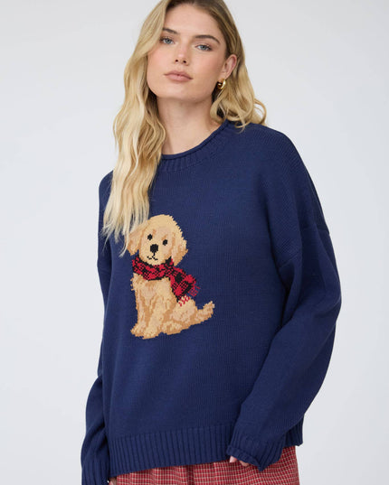 INTARSIA PUPPY CREW NECK RELAXED SWEATER