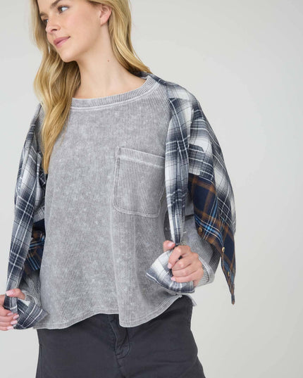 WASHED POCKET DETAIL LONG SLEEVE RIB KNIT TOP