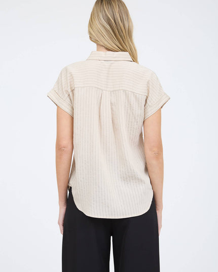 PINSTRIPE SHORT SLEEVE COLLARED SHIRT