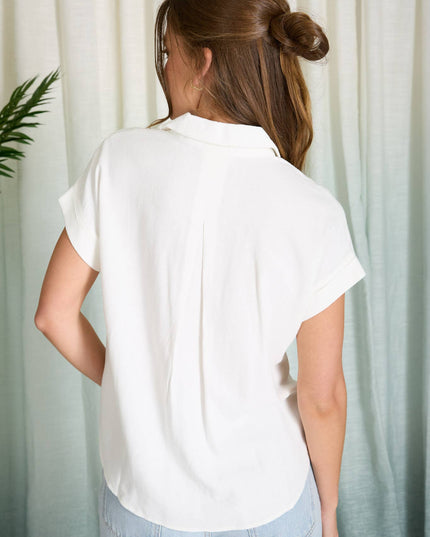 COLLARED SPLIT NECK CUFF SLEEVE U HEM LINEN TOP