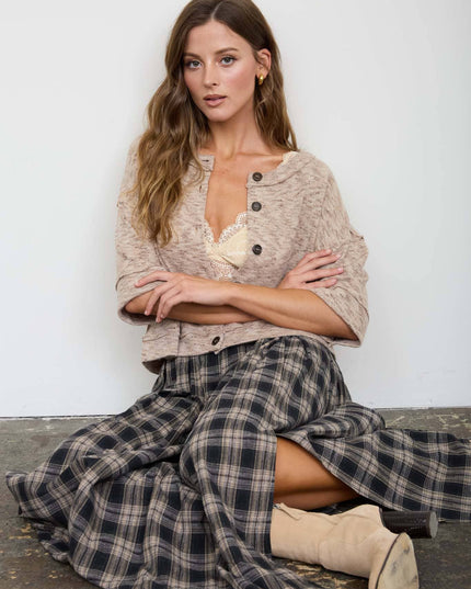 PLAID PLEATED SIDE SLIT MIDI SKIRT