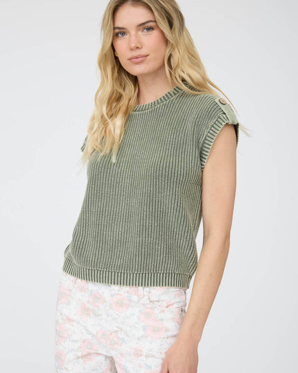 ACID WASHED TAB SLEEVE BACK BUTTON KNIT TOP