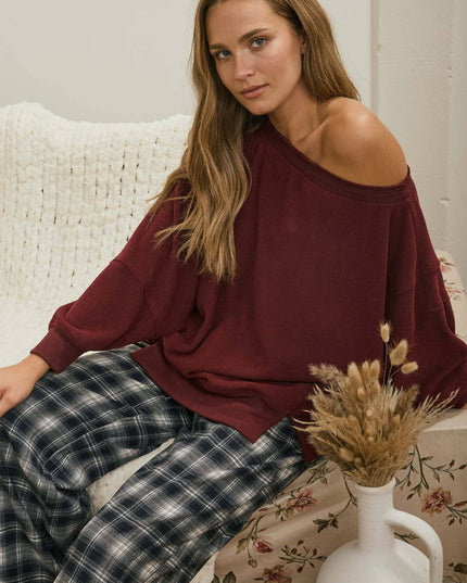 TIERED SLEEVE BOAT NECK EXPOSED SEAM KNIT TOP