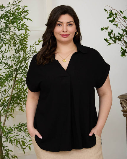 PLUS COLLARED SPLIT NECK CUFF SLEEVE LINEN TOP