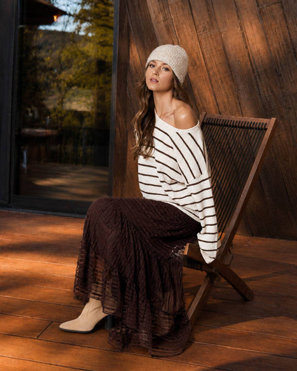 STRIPE TEXTURED RAW EDGE LONG SLEEVE KNIT SWEATER