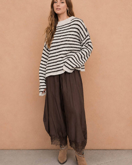 STRIPE ROLLED EDGE DETAIL LONG SLEEVE KNIT SWEATER