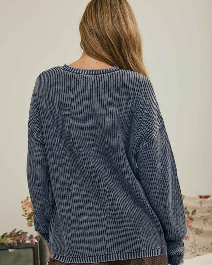 WASHED RIBBED HENLEY DROP SHOULDER KNIT SWEATER