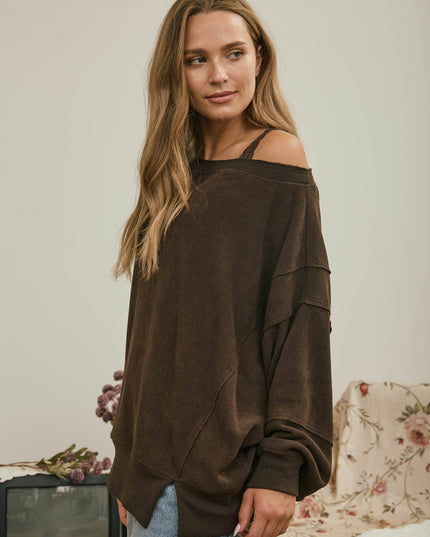 TIERED SLEEVE BOAT NECK EXPOSED SEAM KNIT TOP