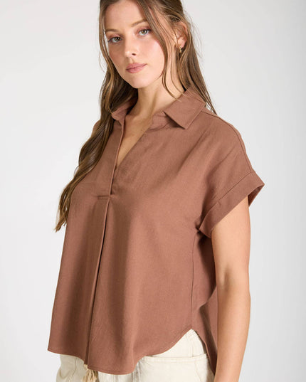 COLLARED SPLIT NECK CUFF SLEEVE U HEM LINEN TOP