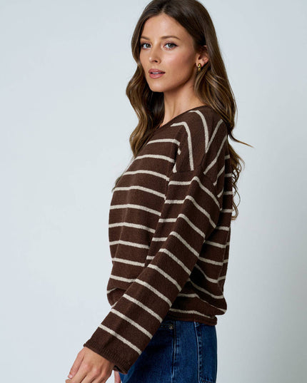 STRIPE TEXTURED RAW EDGE LONG SLEEVE KNIT SWEATER