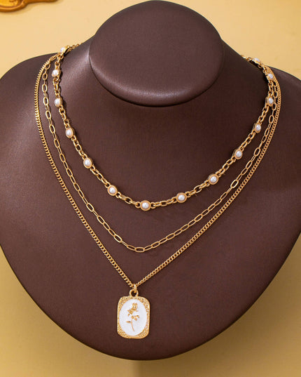 Layered Enamel Pearl & Rose Tag Pendant Necklace | 80N93573