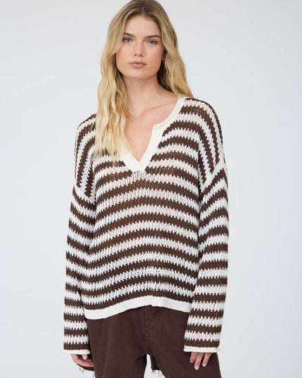 STRIPE RAW EDGE SPLIT NECK SHEER KNIT SWEATER