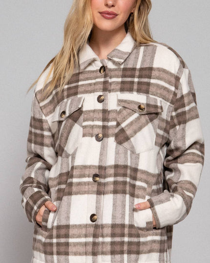 Long Sleeve Inside Faux Fur Brushed Plaid Jacket