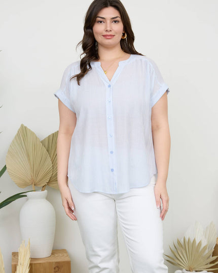 PLUS PINSTRIPE SHORT CUFF SLEEVE BUTTON DOWN SHIRT