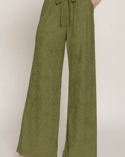 Waistband with String Crinkle Knit Long Pants