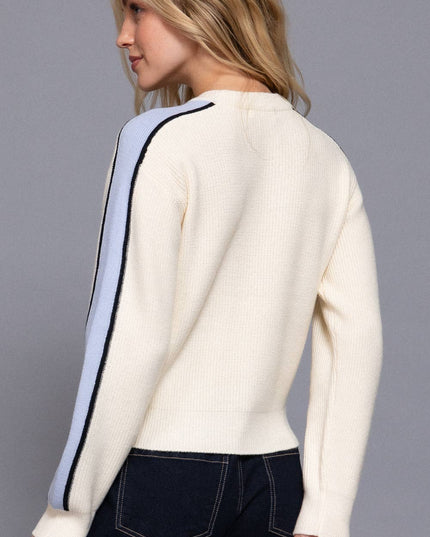 Long Sleeve Round Neck Sleeve Line Detail Sweater