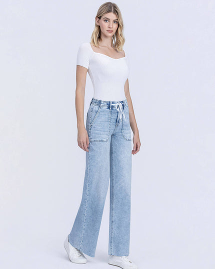 HIGH RISE DRAWSTRING WAISTBAND WIDE LEG JEANS F6065