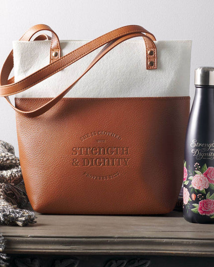 Bible Tote Cream/Toffee Strength & Dignity Prov. 31:25
