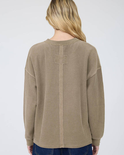 HENLEY RIBBED BOXY LONG SLEEVE WASHED KNIT TOP