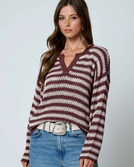 STRIPE RAW EDGE SPLIT NECK SHEER KNIT SWEATER