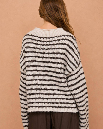 STRIPE ROLLED EDGE DETAIL LONG SLEEVE KNIT SWEATER