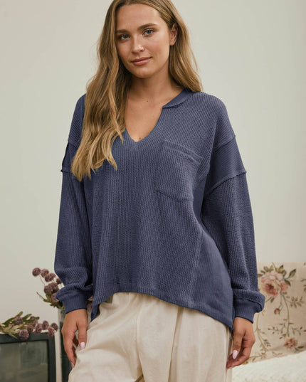 SPLIT NECK RAW EDGE LONG SLEEVE RIBBED KNIT TOP