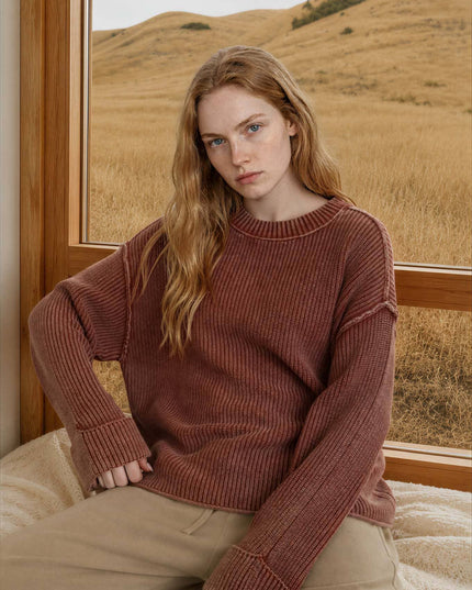 WASHED RIBBED LONG SLEEVE FOLDED CUFF KNIT SWEATER