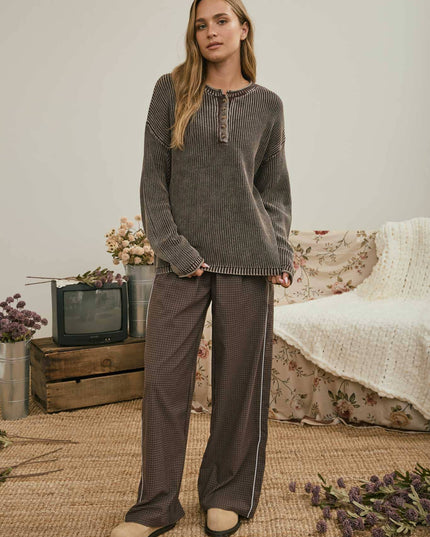 WASHED RIBBED HENLEY DROP SHOULDER KNIT SWEATER
