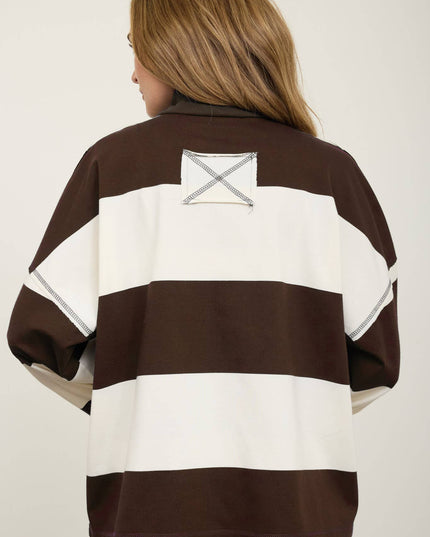 WIDE STRIPE HALF ZIP LONG SLEEVE KNIT TOP