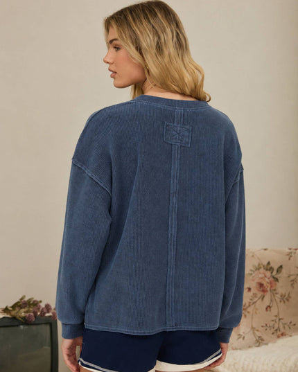 HENLEY RIBBED BOXY LONG SLEEVE WASHED KNIT TOP