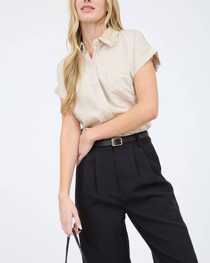 PINSTRIPE SHORT SLEEVE COLLARED SHIRT