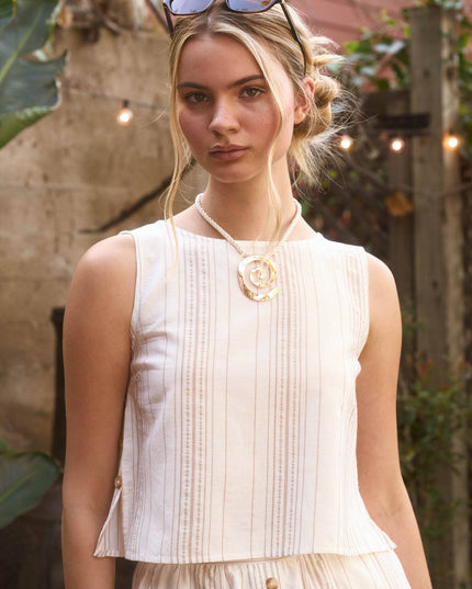 STRIPE SLEEVELESS SIDE BUTTON DETAIL TOP