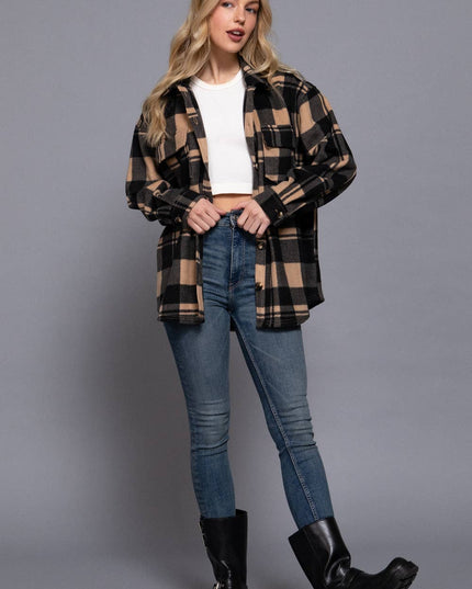 Long Sleeve Check Printed Fleece Shacket