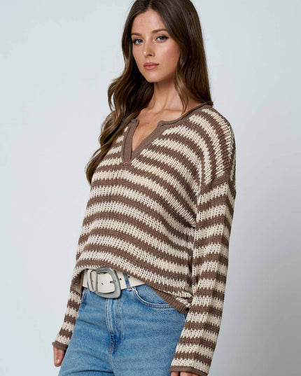 STRIPE RAW EDGE SPLIT NECK SHEER KNIT SWEATER