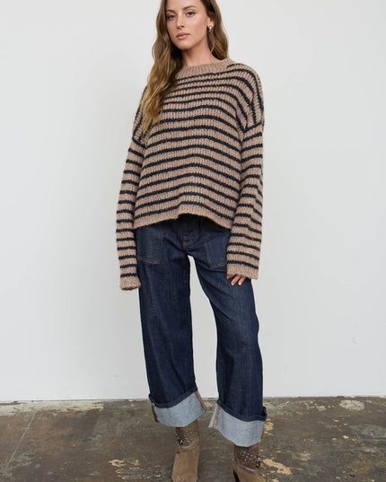 STRIPE ROLLED EDGE DETAIL LONG SLEEVE KNIT SWEATER