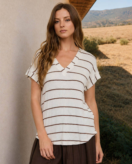 STRIPE V NECK CUFFED SLEEVE KNIT TOP