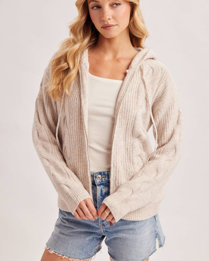 ZIP-UP CABLE KNIT SWEATER CARDIGAN WITH HOOD