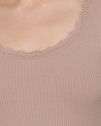 Long Sleeve Scoop Neck with Lace Trim Rib Knit Top