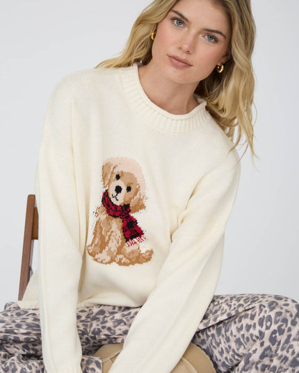 INTARSIA PUPPY CREW NECK RELAXED SWEATER