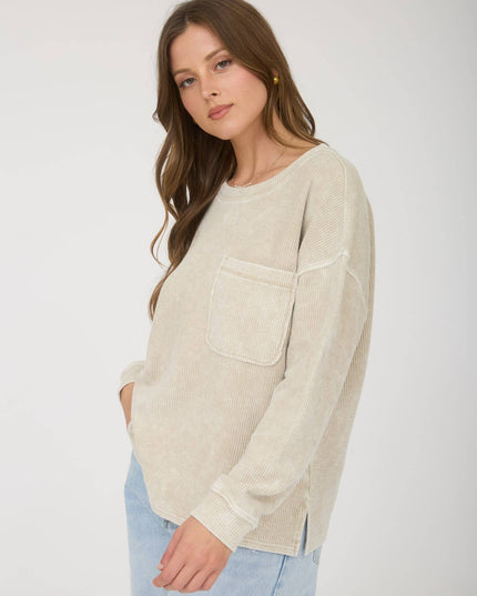 WASHED POCKET DETAIL LONG SLEEVE RIB KNIT TOP